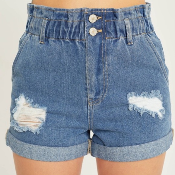 High Waisted Denim Shorts Elastic Waist Cuffed Hem Distressed Blue High Rise - Picture 7 of 7